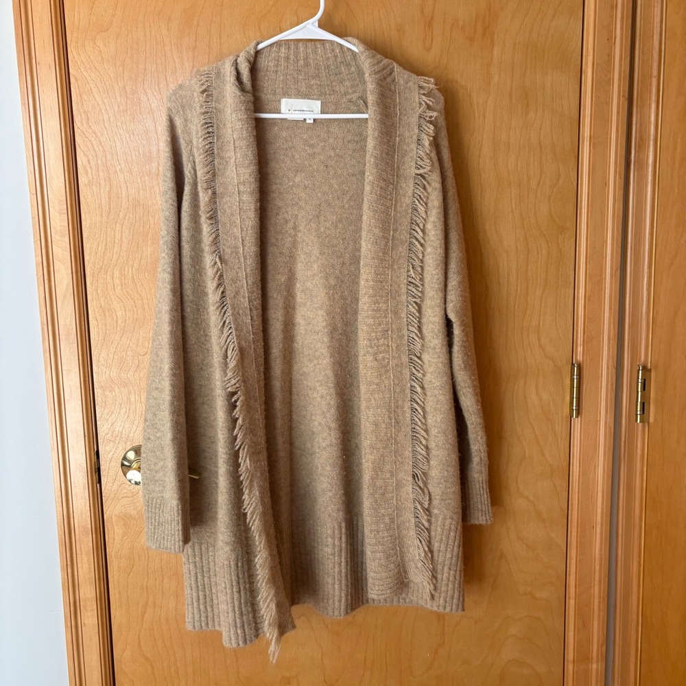 Anthropologie Cardigan Women XS Tan Fringe‎ Trim Wool Blend Open Front C12259A